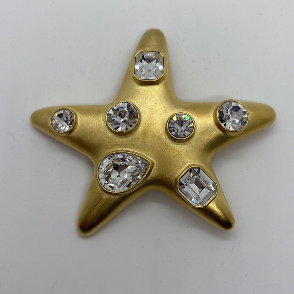 KENNETH J. LANE Jackie Onassis Crystal Star Pin Brushed Gold tone Large Crystals